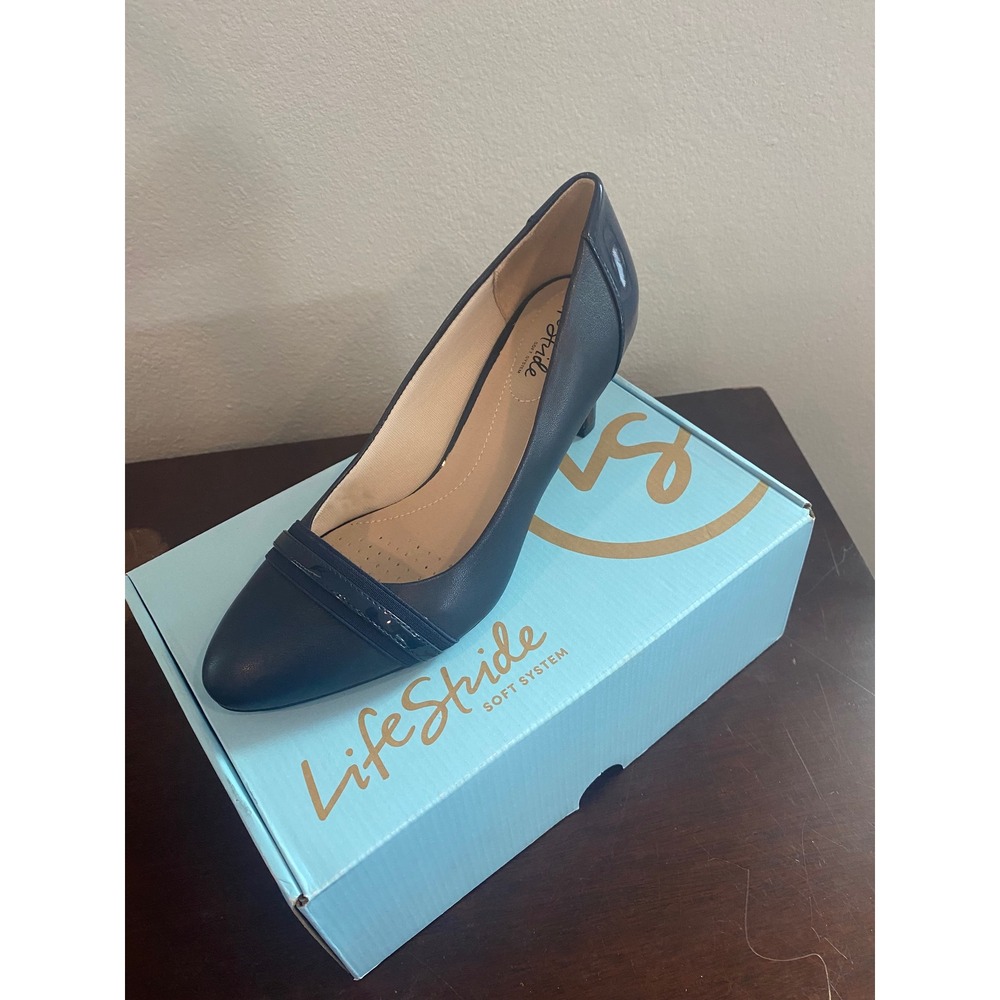 LifeStride Gio Pump Lux Navy Smooth Patent Accent Kitten Heel Shoes Size 8 W